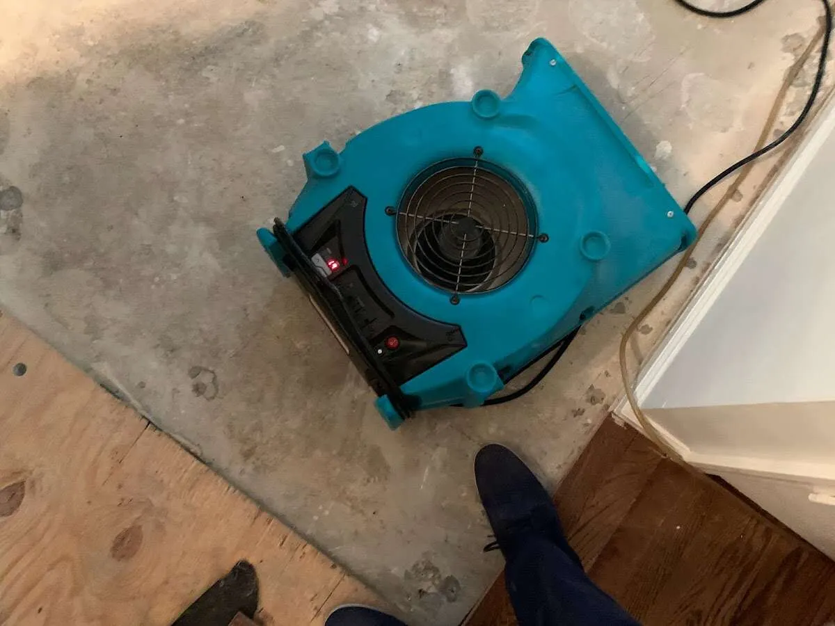 Air mover drying subfloor during Leak Detection & Repair in Bentonville